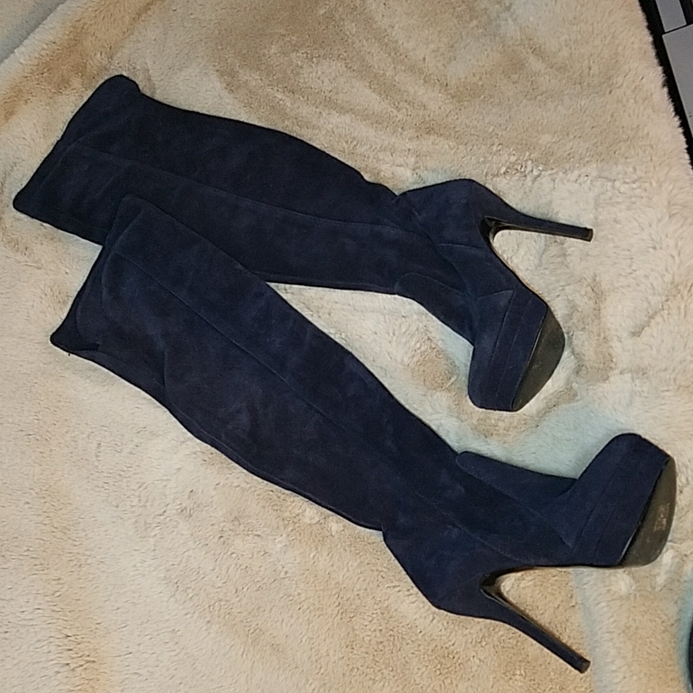 Primadonna Collection Platform Stiletto Thigh high OTK Boots Blue Suede ITALY - Picture 2 of 16